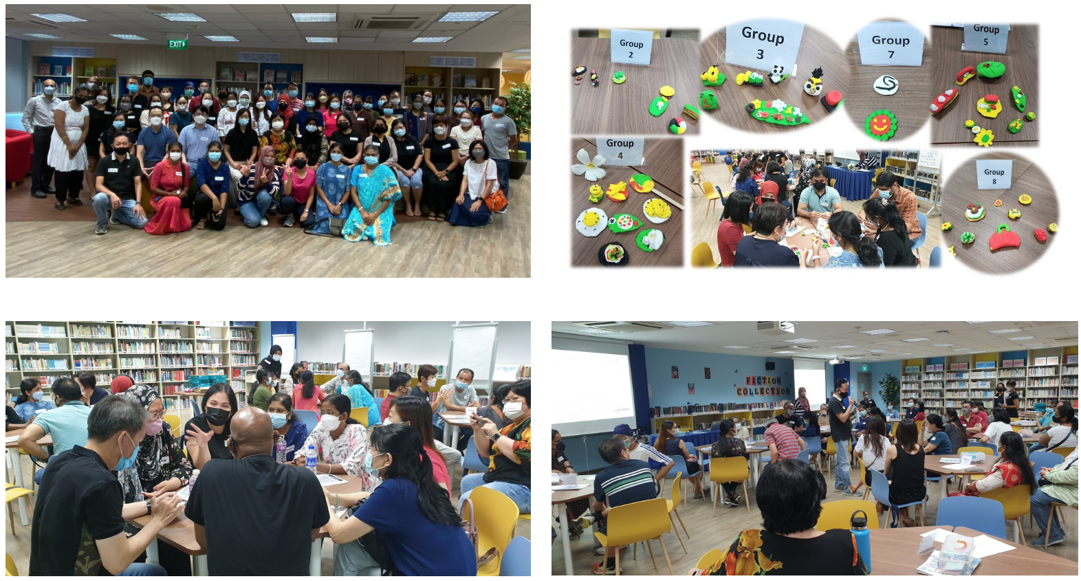 Four photos of a masked group workshop in a library, showing a group photo, clay crafts by numbered groups, and discussions.